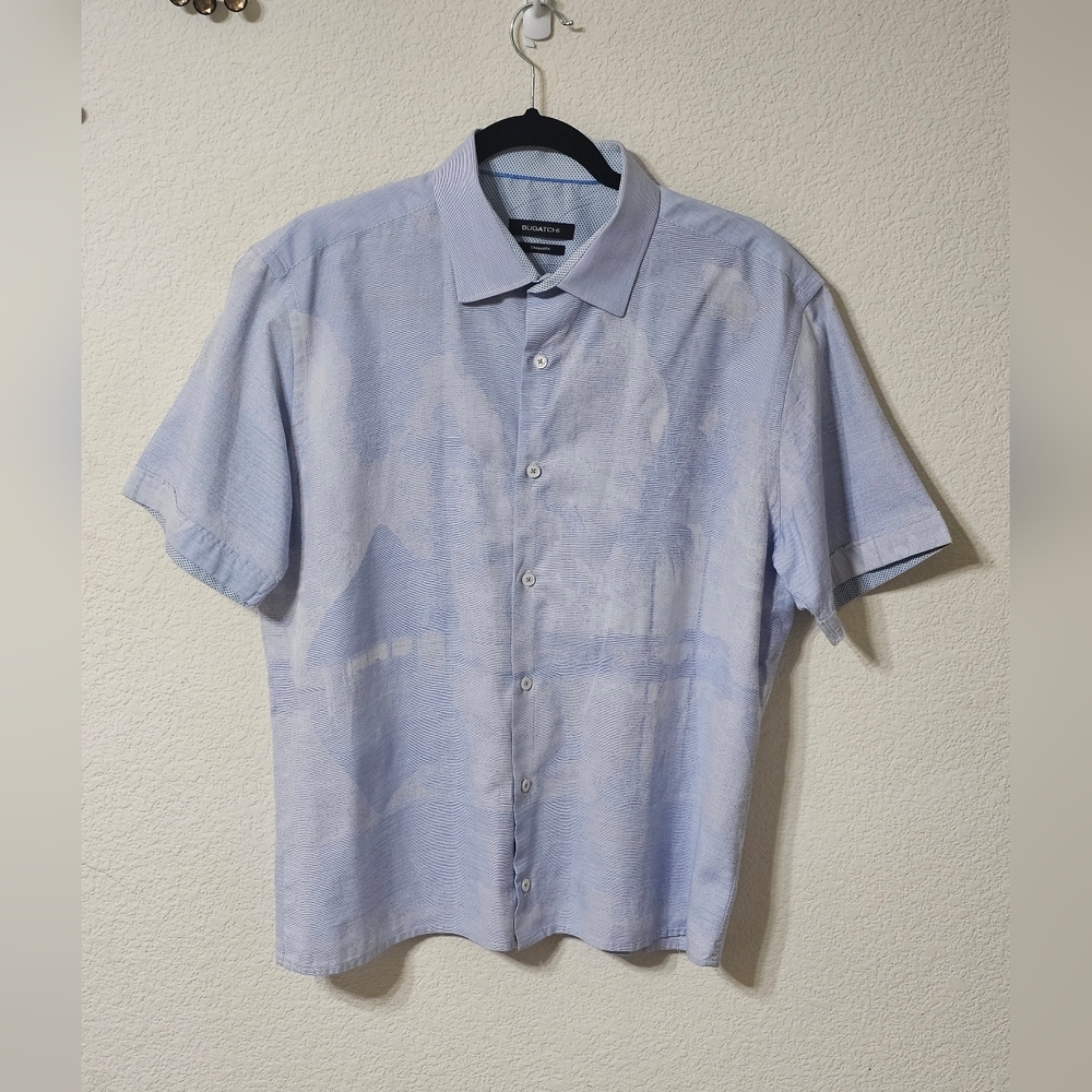 Bugatchi Shirt Mens L Shaped Fit Short Sleeve Button Up Blue